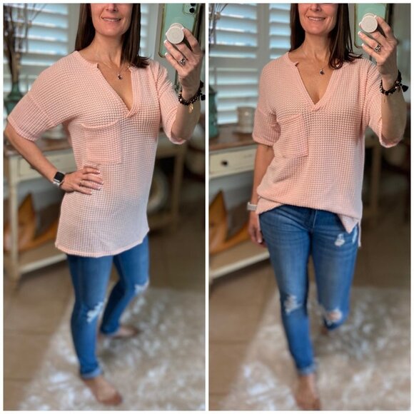 Tops - Popcorn Waffle Gabby V Neck Top Blush Pink 3620